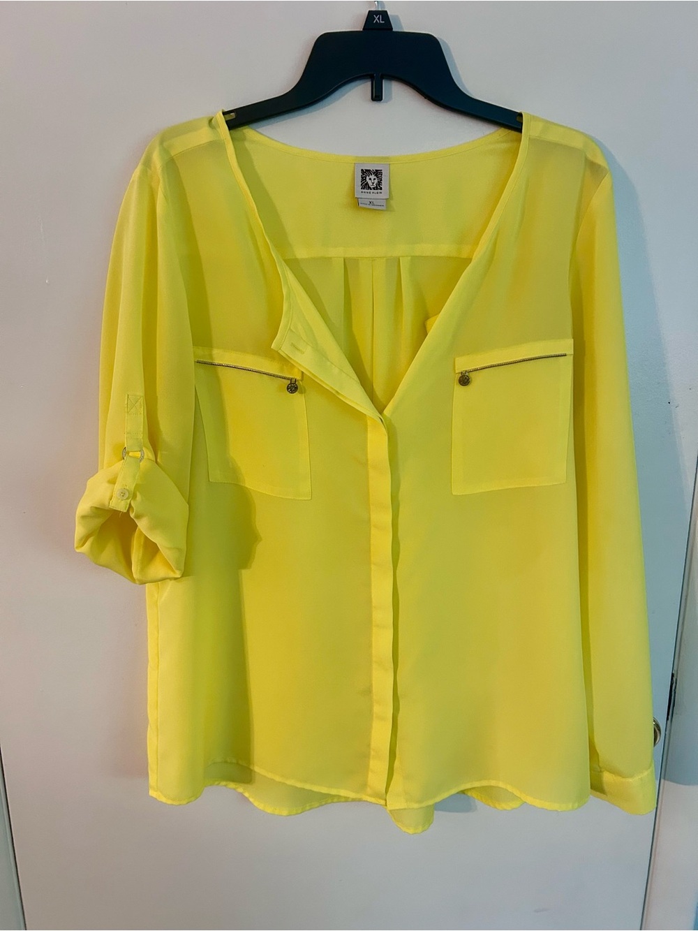Anne Klein Neon Yellow 3/4 or Long Sleeve Button-Front Blouse
